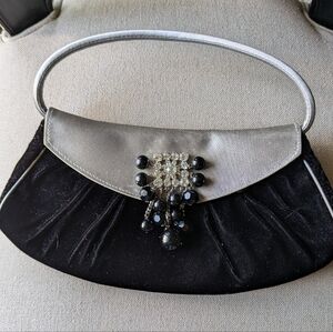 Kate Landry Black Velvet Evening Bag with Rhinestone and Beaded Closure